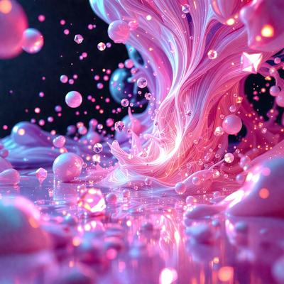 The primary subject of the image is a pink, swirling, and flowing mass of liquid, which appears to be a digital art or illustration. The setting is a dark background, which contrasts with the vibrant pink color of the liquid. The visual style is a mix of digital art and illustration, creating a unique and captivating scene. The colors and mood of the image are predominantly pink, giving it a warm and inviting atmosphere.